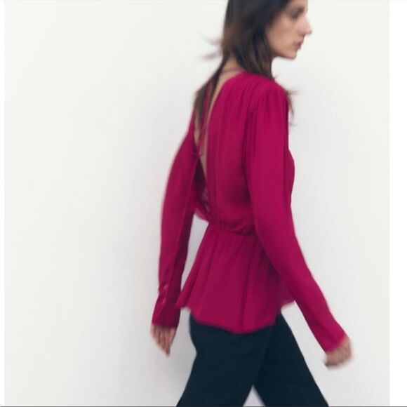 NWT Zara Semi Sheer Open Back Blouse Fuchsia Medium - Picture 1 of 12